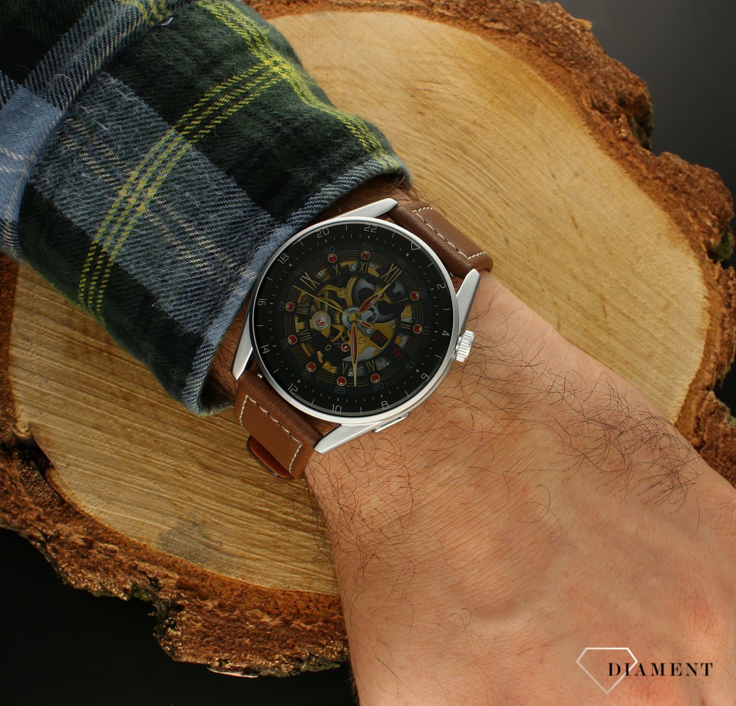 Zegarek Smartwatch Rubicon zestaw z dwoma p45kami Rozmowy telefoniczne RNCE78 srebrny brązowa skóra (6).jpg